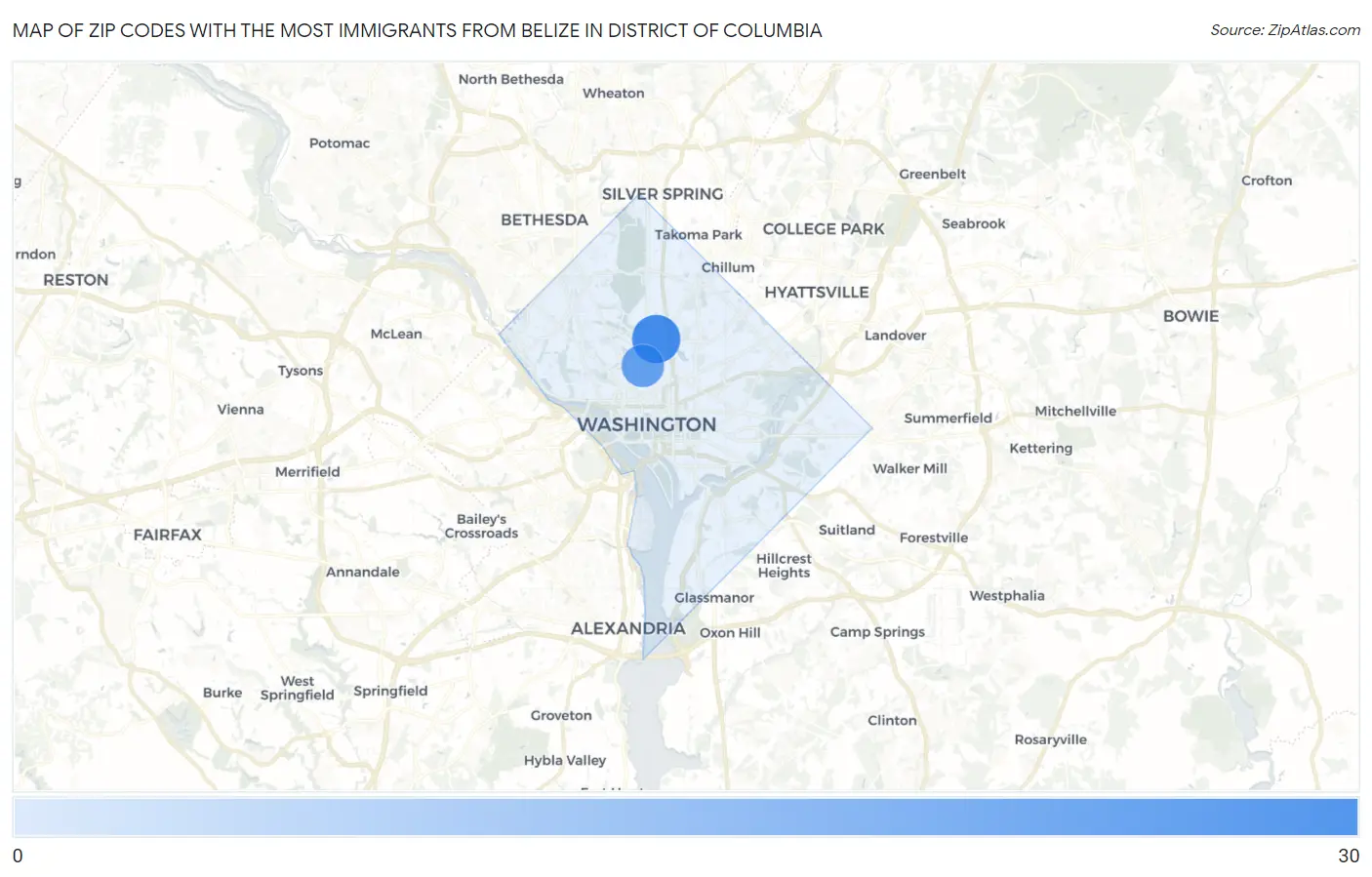 Zip Codes with the Most Immigrants from Belize in District Of Columbia Map