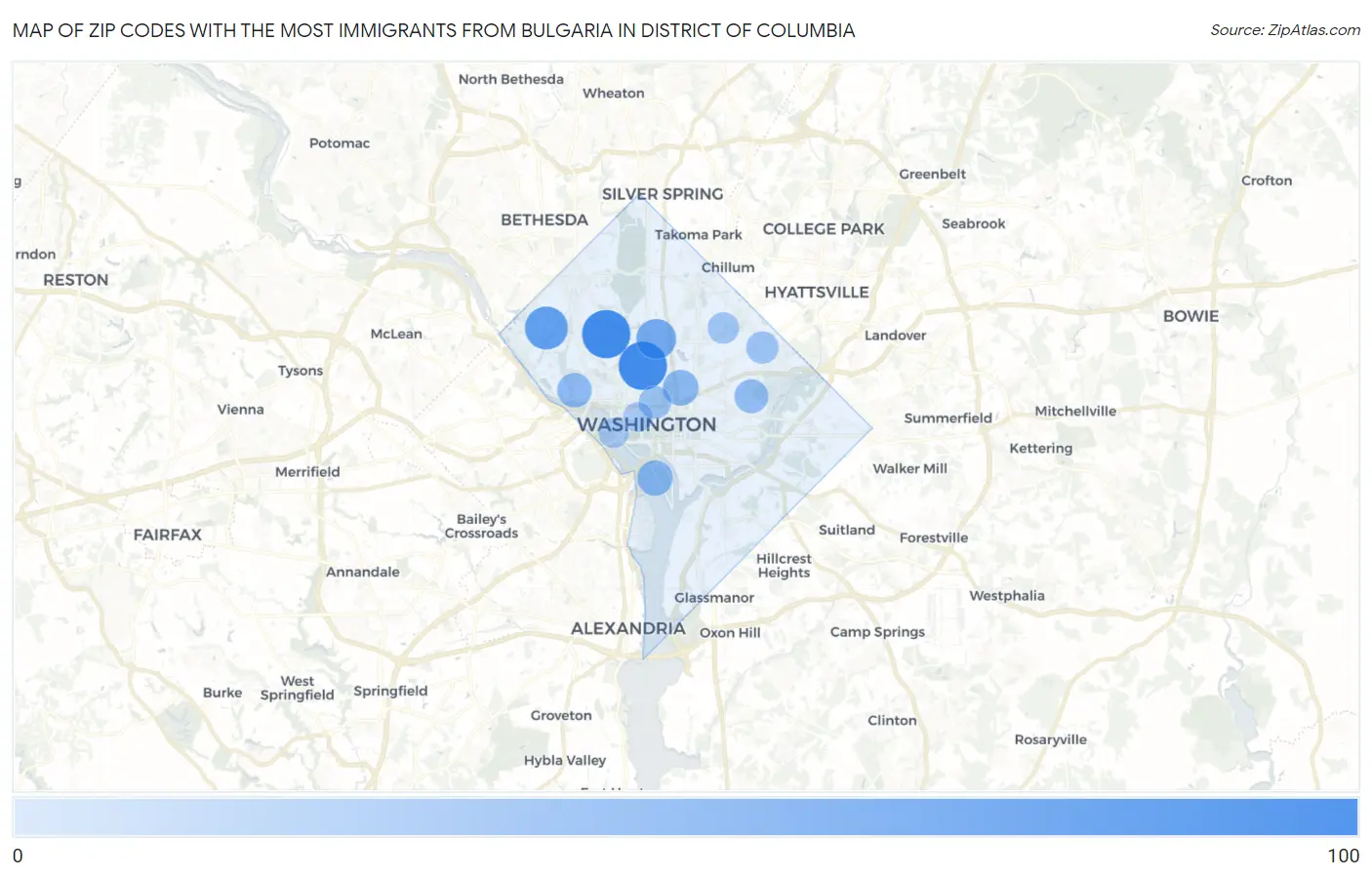 Zip Codes with the Most Immigrants from Bulgaria in District Of Columbia Map