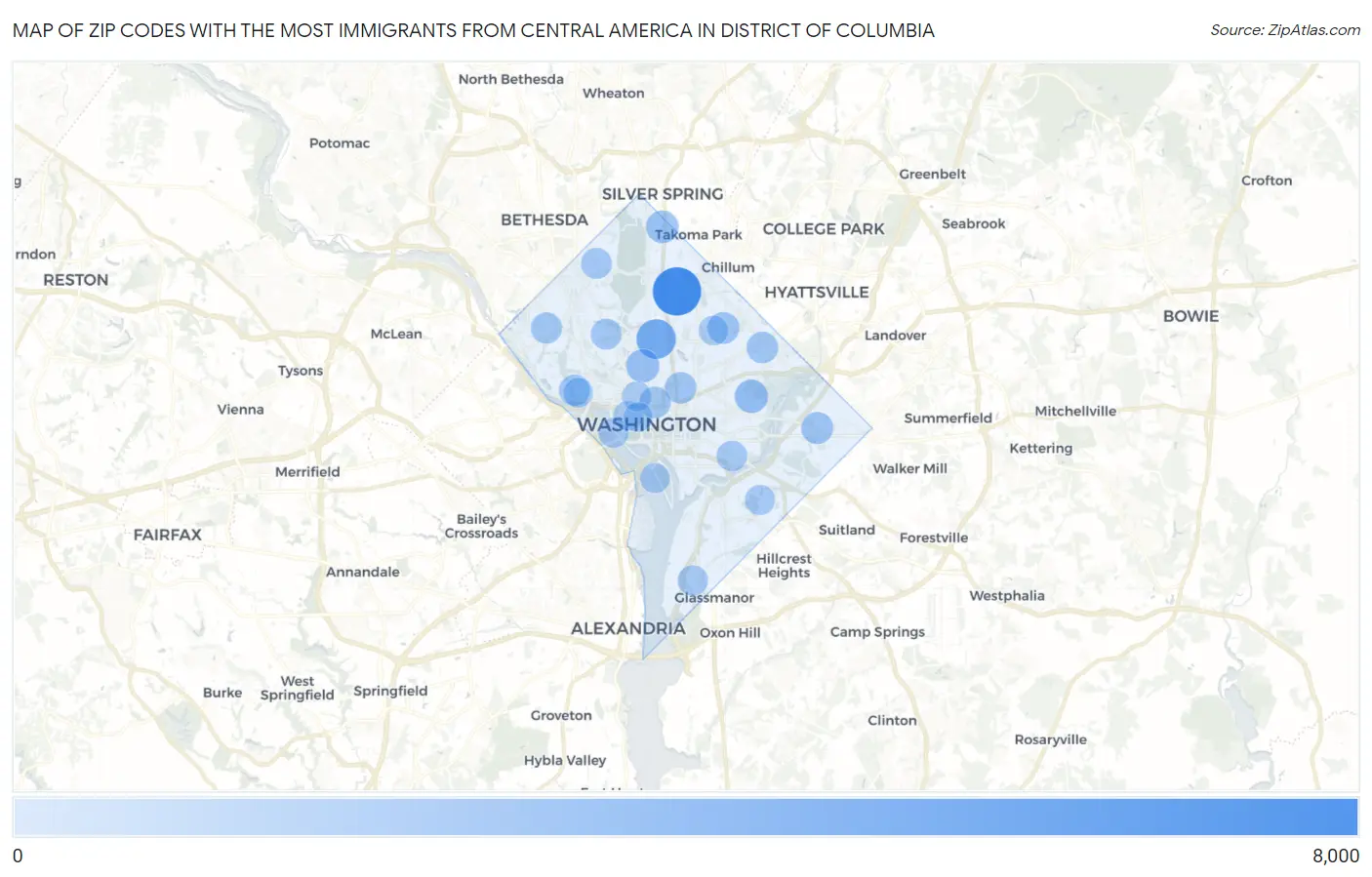 Zip Codes with the Most Immigrants from Central America in District Of Columbia Map
