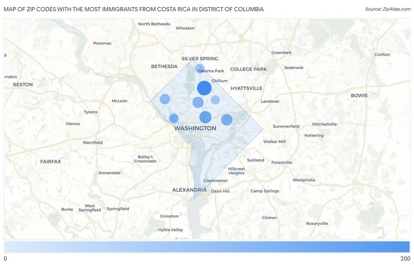 Zip Codes with the Most Immigrants from Costa Rica in District Of Columbia Map