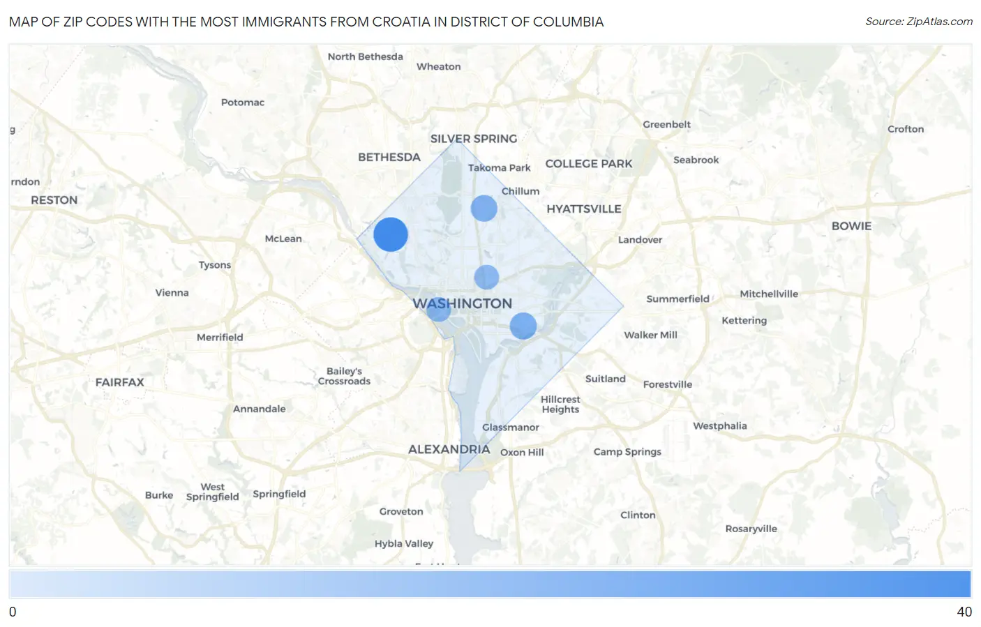 Zip Codes with the Most Immigrants from Croatia in District Of Columbia Map