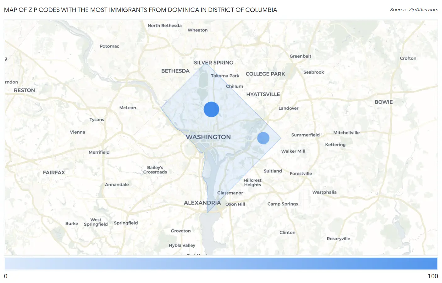 Zip Codes with the Most Immigrants from Dominica in District Of Columbia Map
