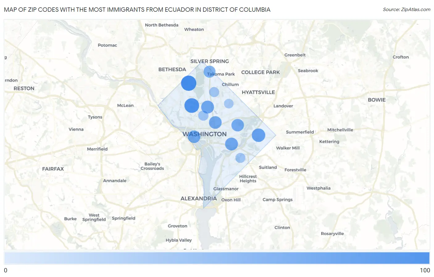 Zip Codes with the Most Immigrants from Ecuador in District Of Columbia Map