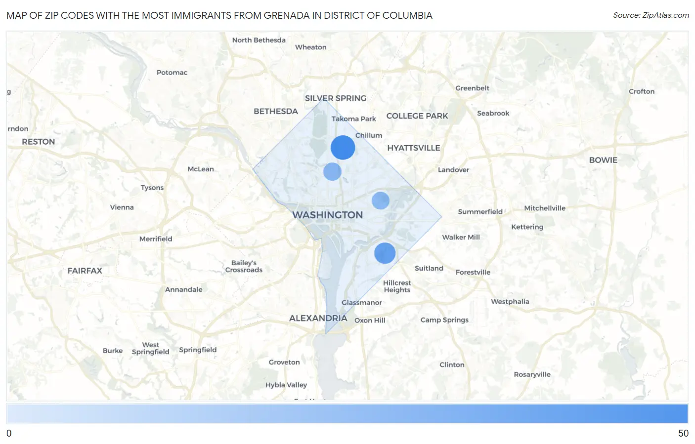 Zip Codes with the Most Immigrants from Grenada in District Of Columbia Map