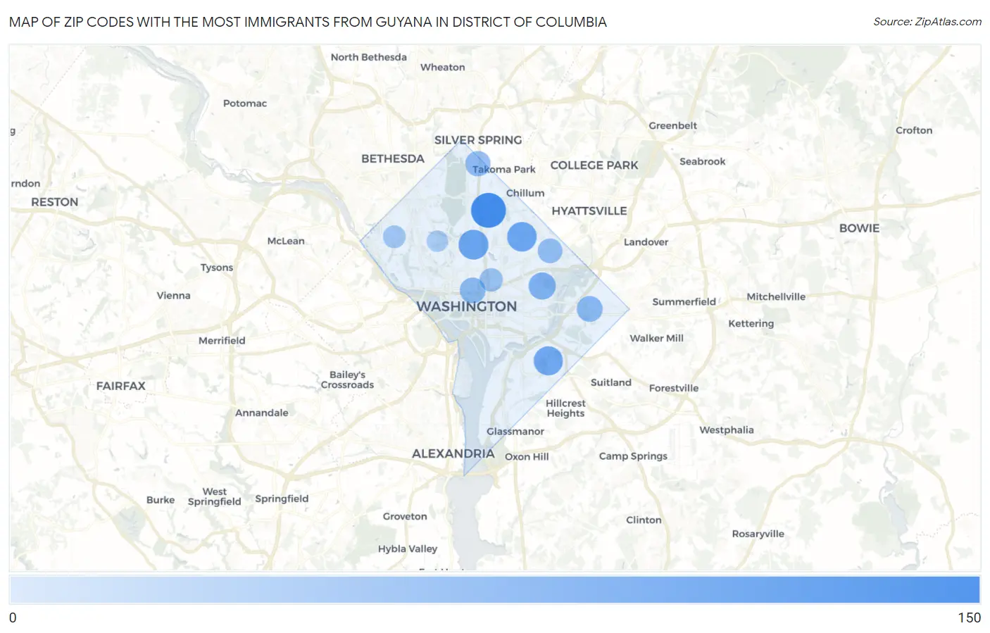 Zip Codes with the Most Immigrants from Guyana in District Of Columbia Map