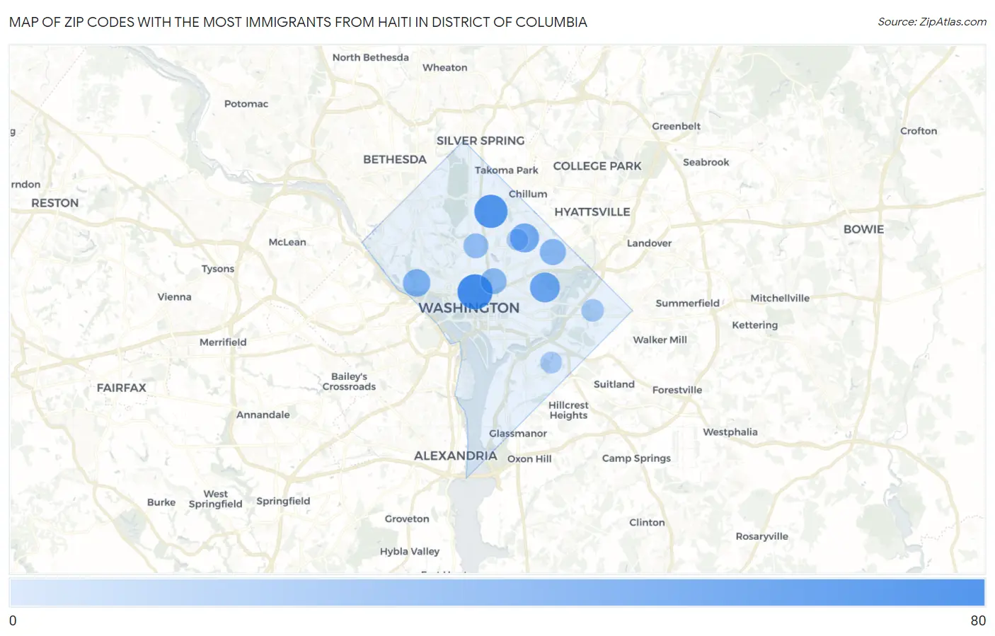 Zip Codes with the Most Immigrants from Haiti in District Of Columbia Map