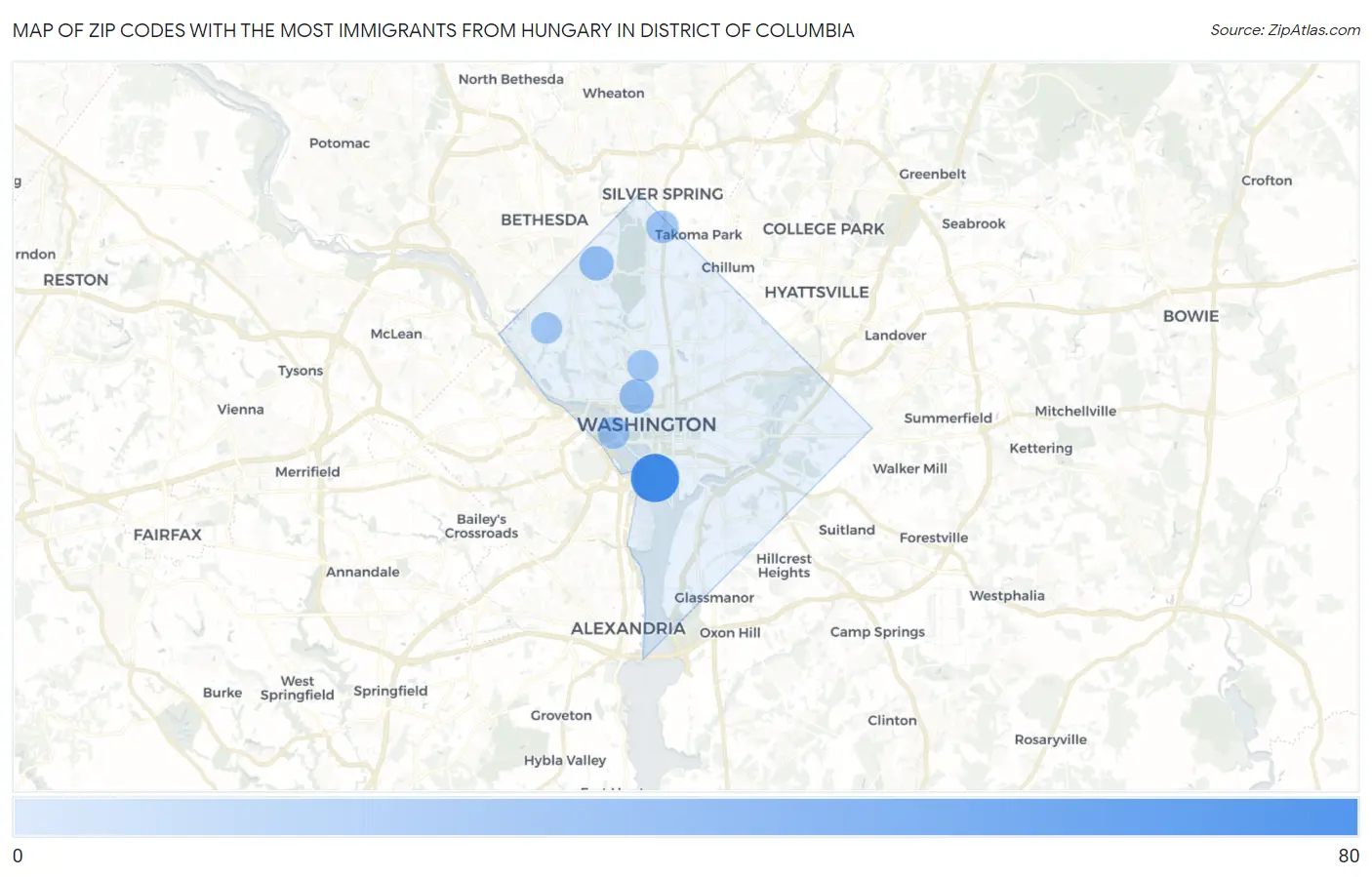 Zip Codes with the Most Immigrants from Hungary in District Of Columbia Map