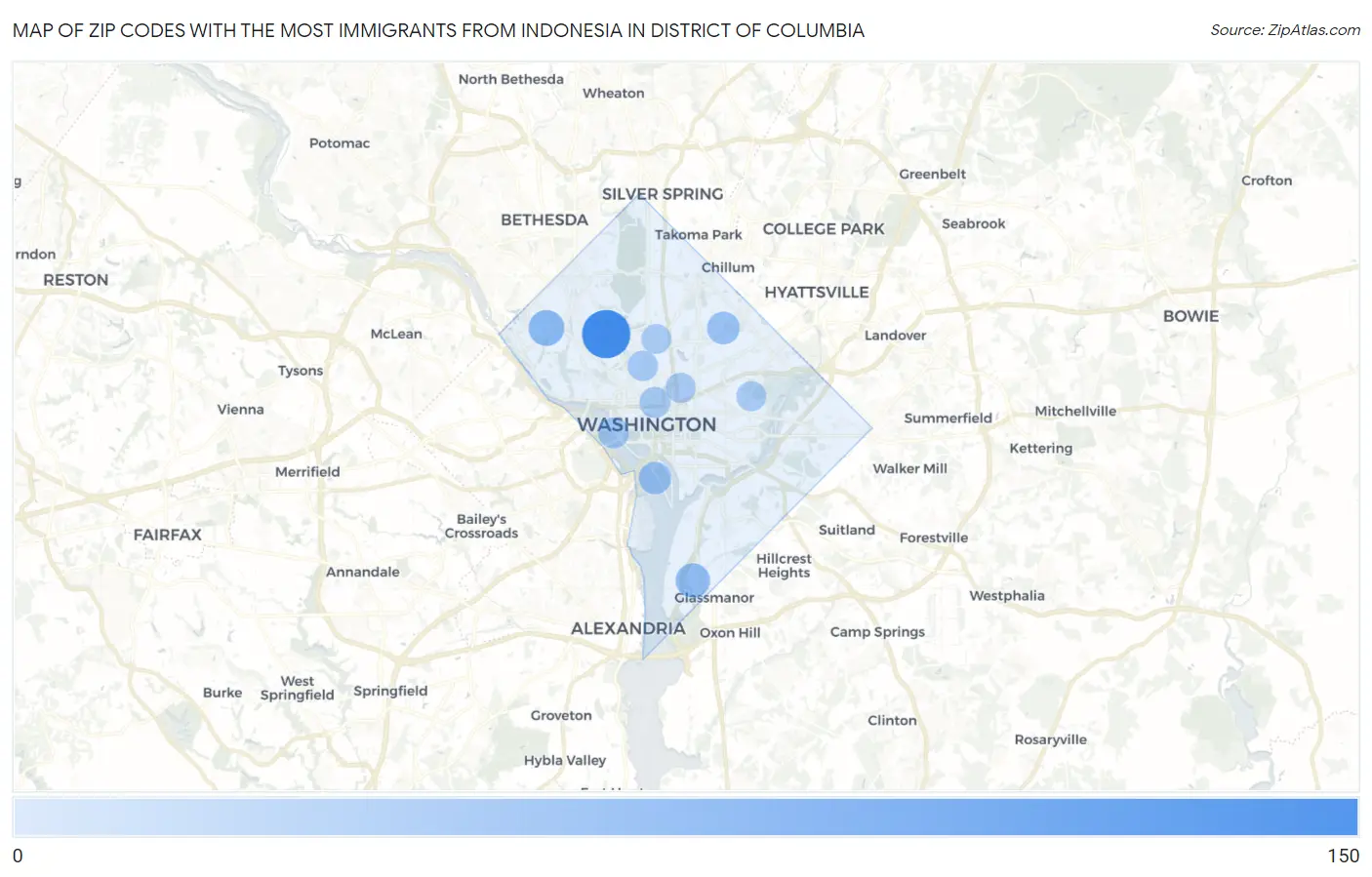 Zip Codes with the Most Immigrants from Indonesia in District Of Columbia Map