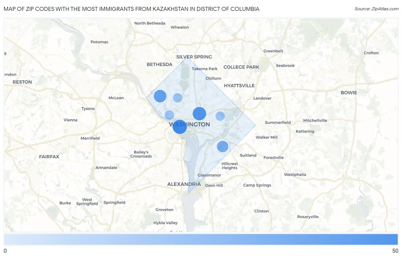 Zip Codes with the Most Immigrants from Kazakhstan in District Of Columbia Map