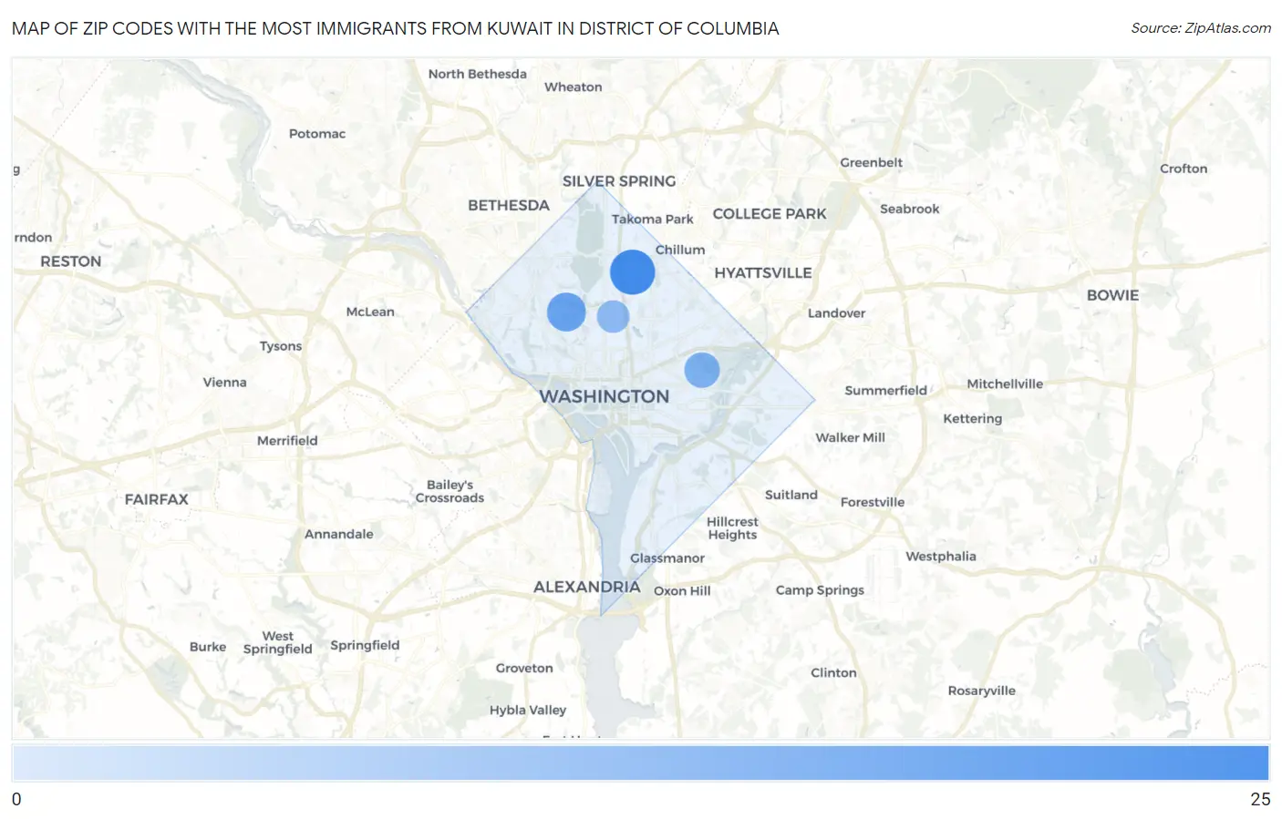Zip Codes with the Most Immigrants from Kuwait in District Of Columbia Map