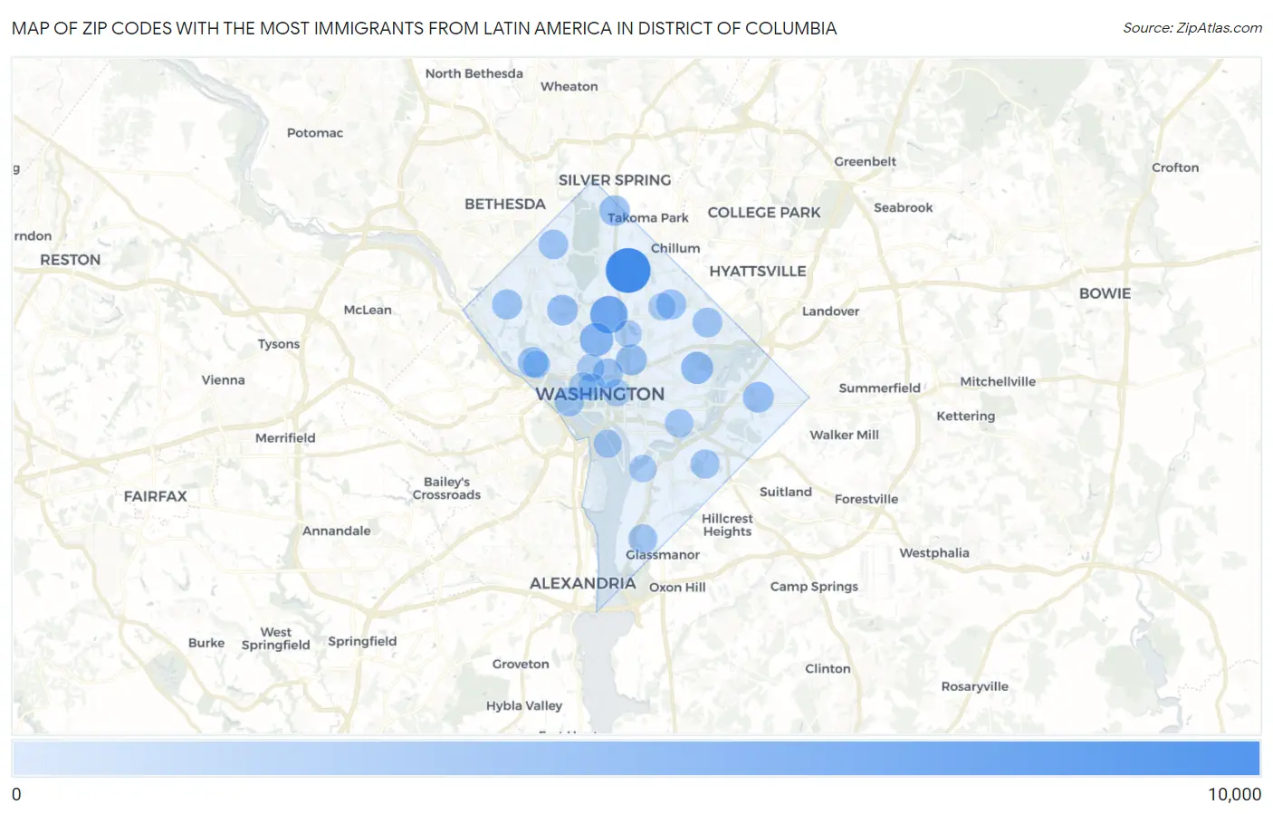 Zip Codes with the Most Immigrants from Latin America in District Of Columbia Map