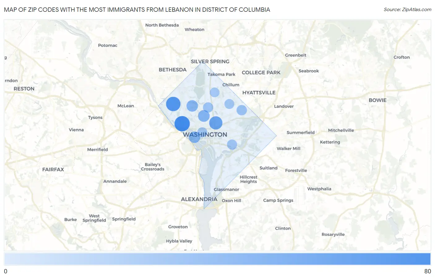 Zip Codes with the Most Immigrants from Lebanon in District Of Columbia Map