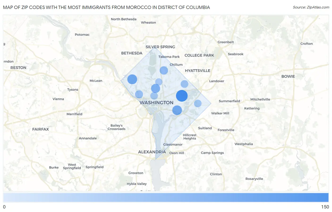 Zip Codes with the Most Immigrants from Morocco in District Of Columbia Map