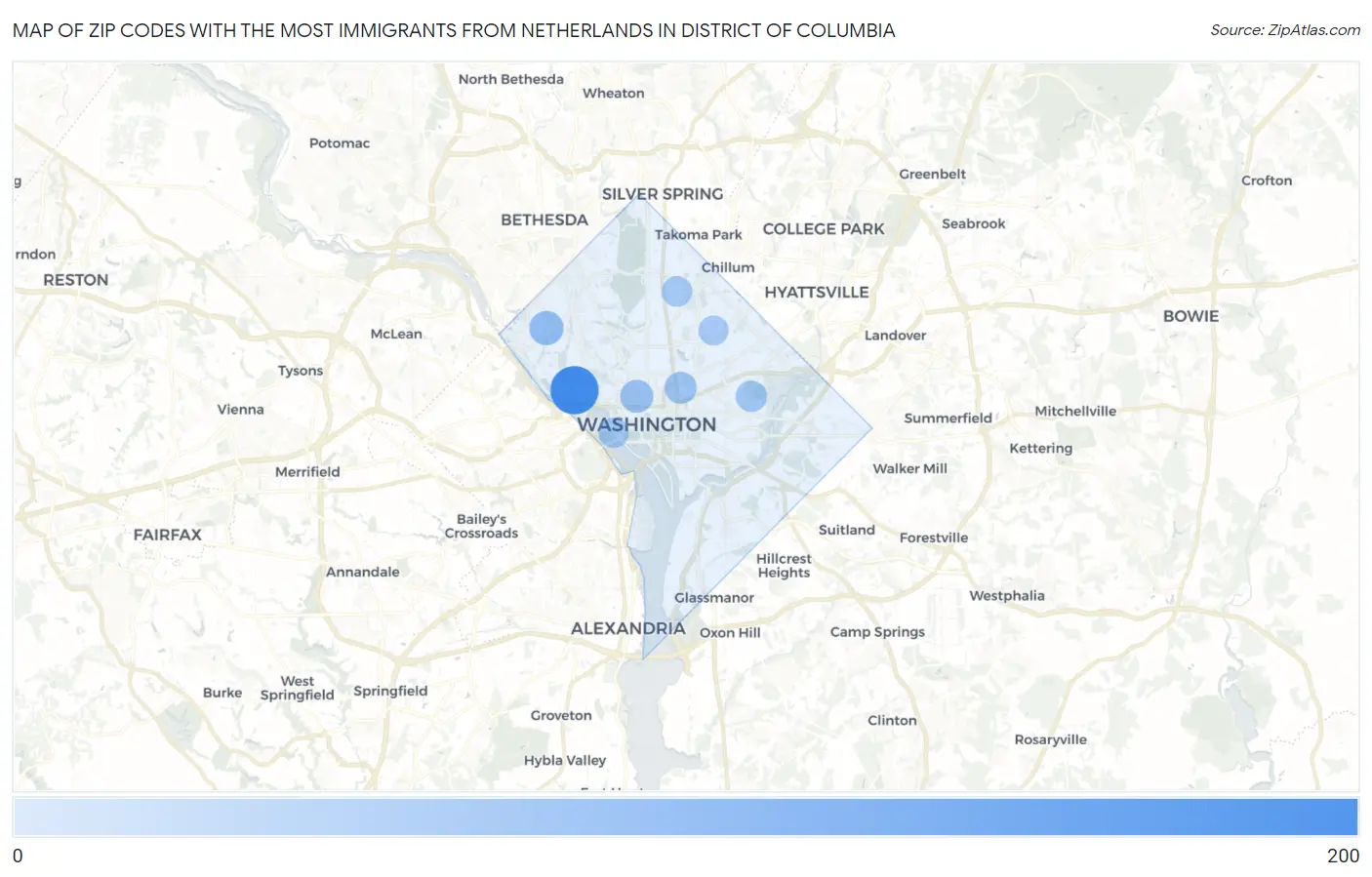 Zip Codes with the Most Immigrants from Netherlands in District Of Columbia Map