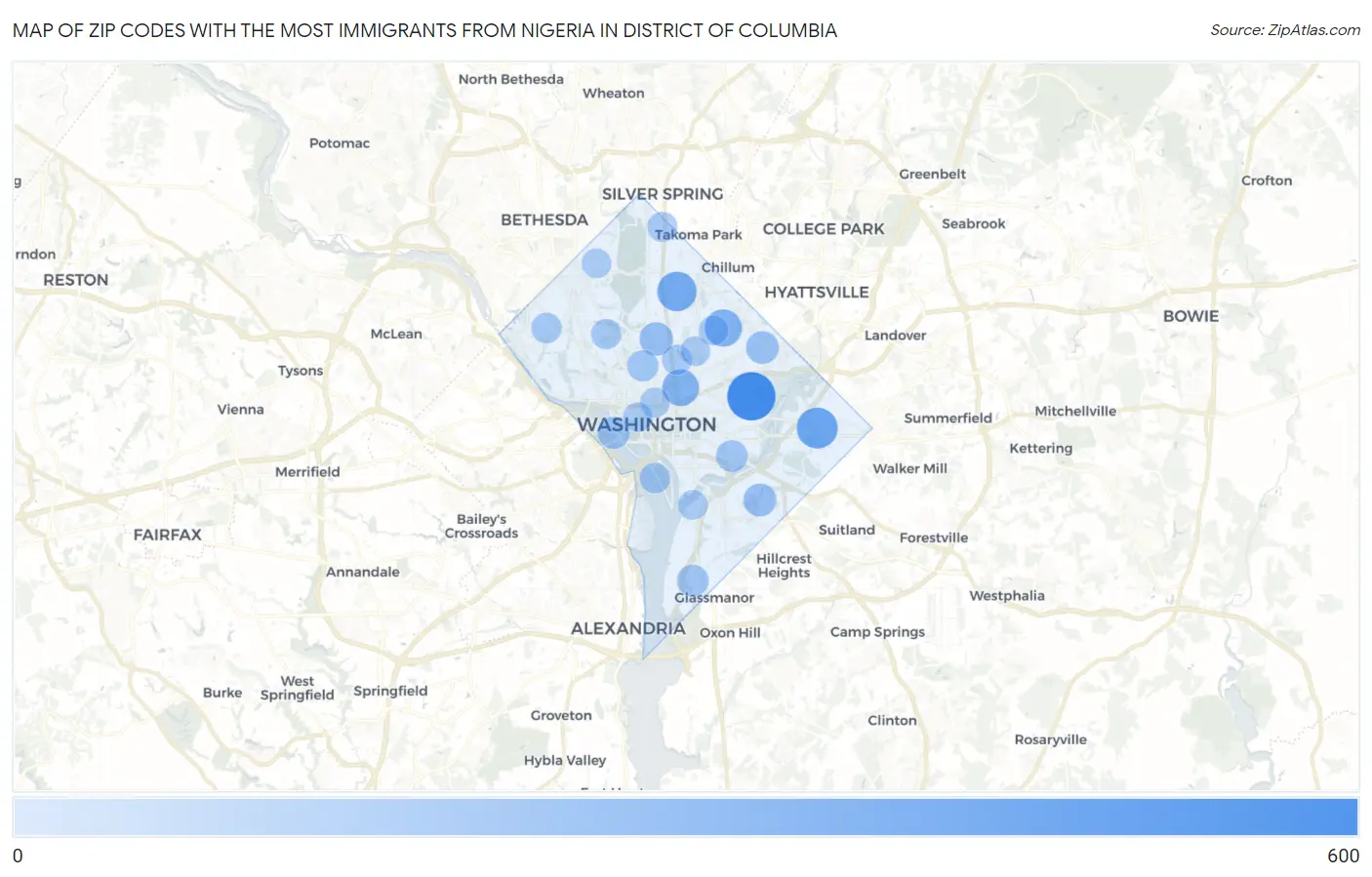 Zip Codes with the Most Immigrants from Nigeria in District Of Columbia Map