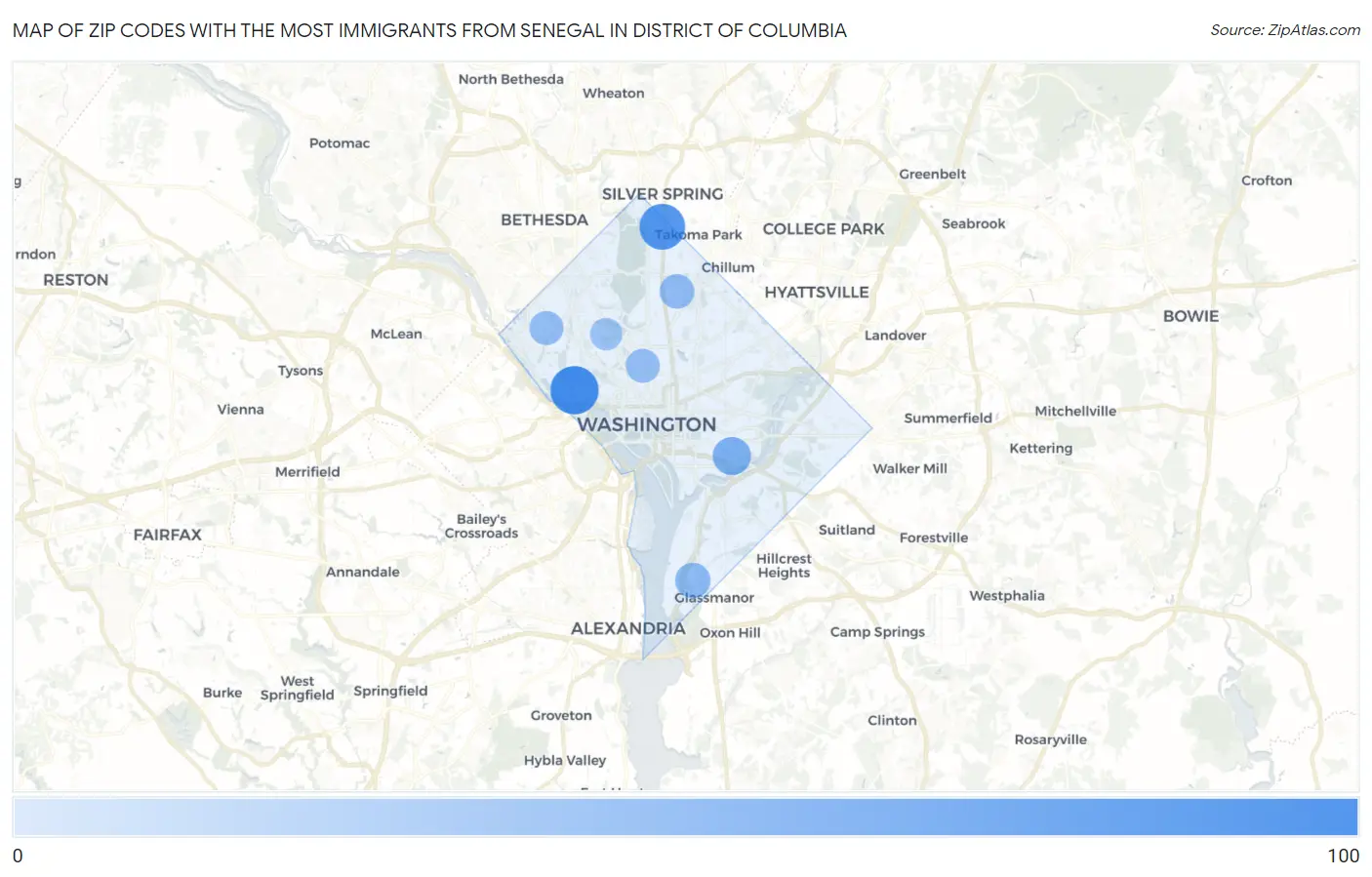 Zip Codes with the Most Immigrants from Senegal in District Of Columbia Map