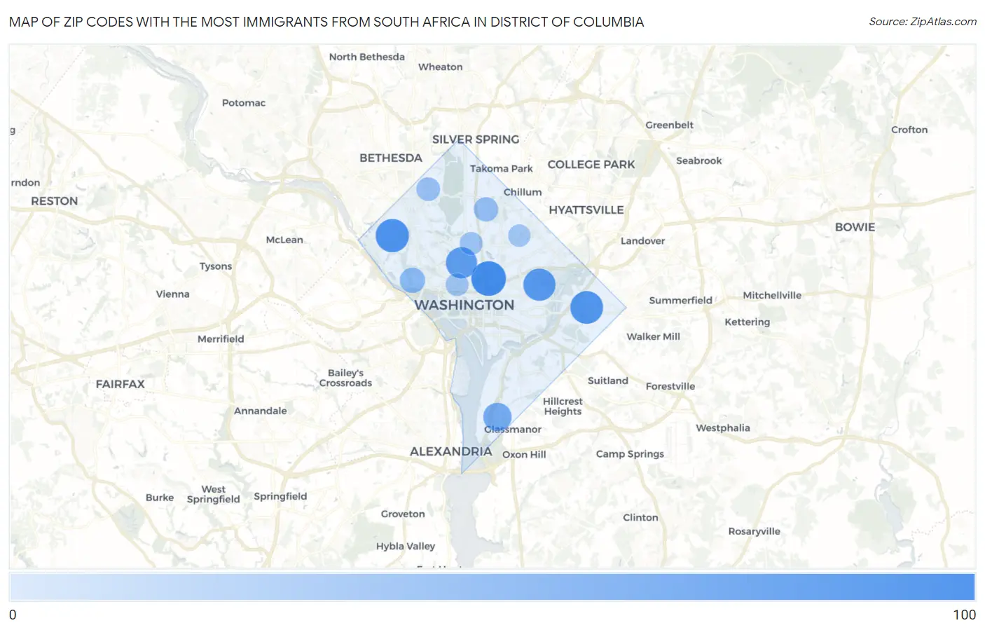 Zip Codes with the Most Immigrants from South Africa in District Of Columbia Map