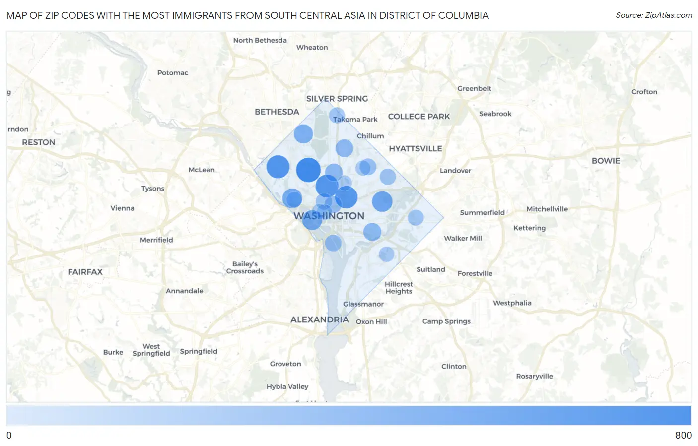 Zip Codes with the Most Immigrants from South Central Asia in District Of Columbia Map