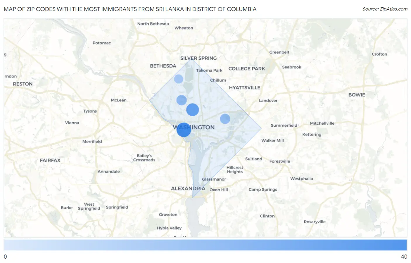 Zip Codes with the Most Immigrants from Sri Lanka in District Of Columbia Map