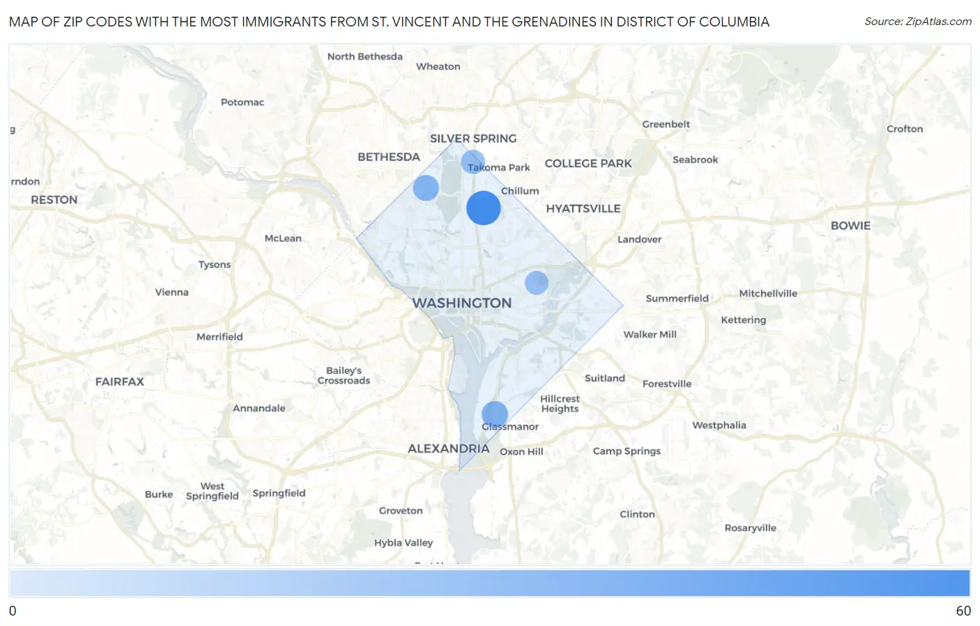 Zip Codes with the Most Immigrants from St. Vincent and the Grenadines in District Of Columbia Map