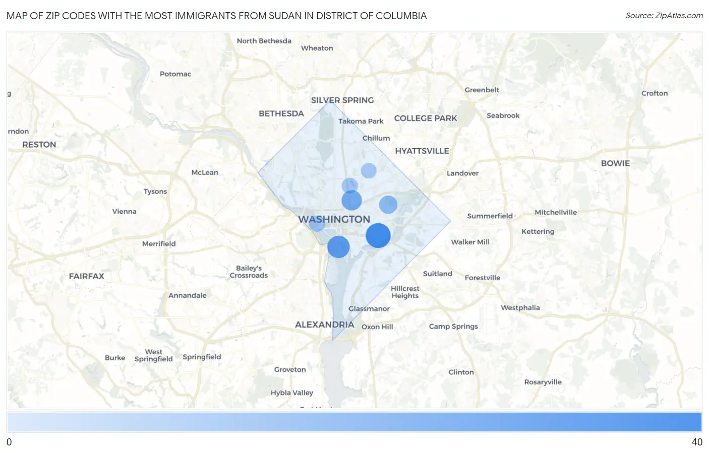 Zip Codes with the Most Immigrants from Sudan in District Of Columbia Map