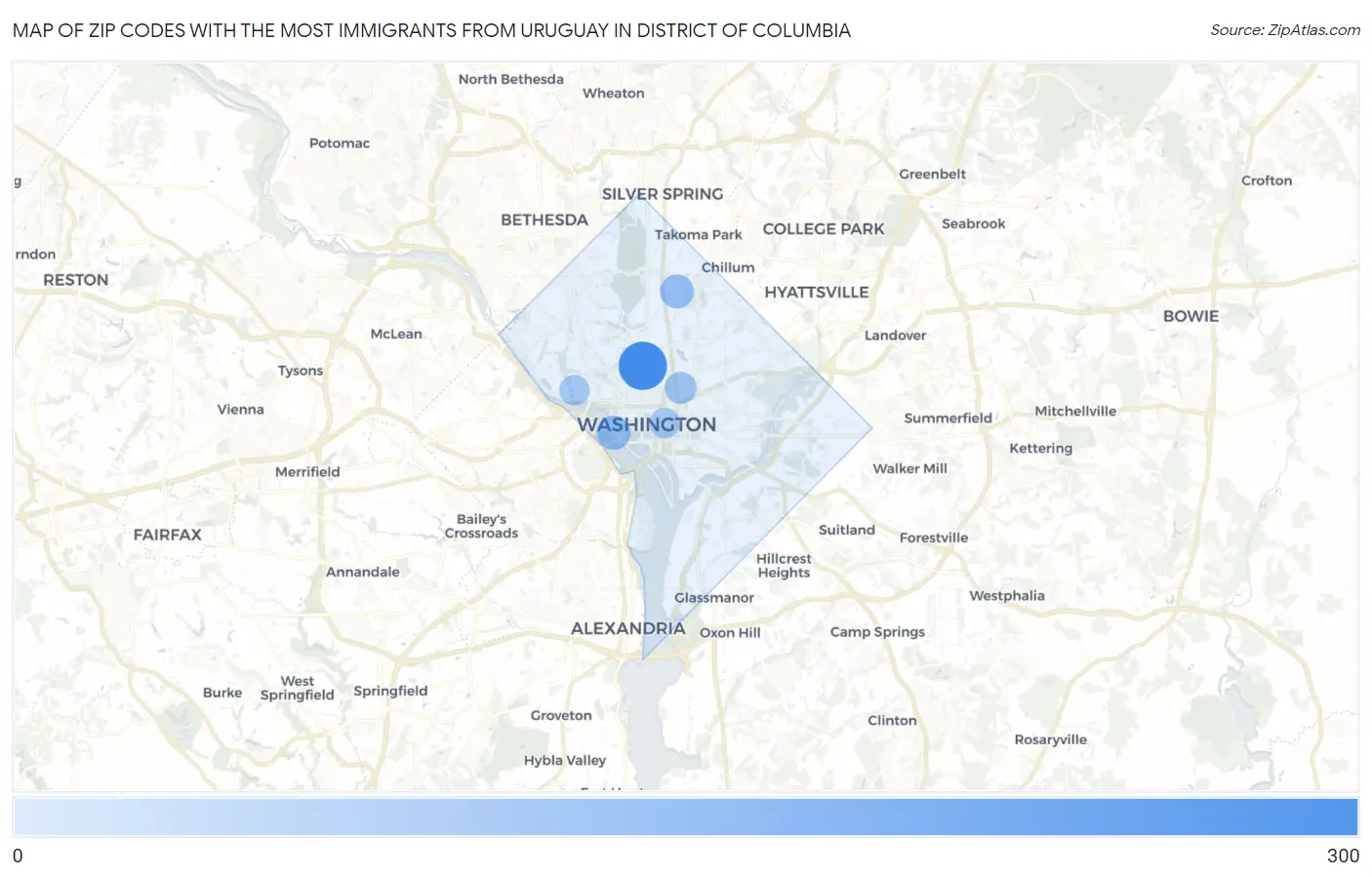 Zip Codes with the Most Immigrants from Uruguay in District Of Columbia Map