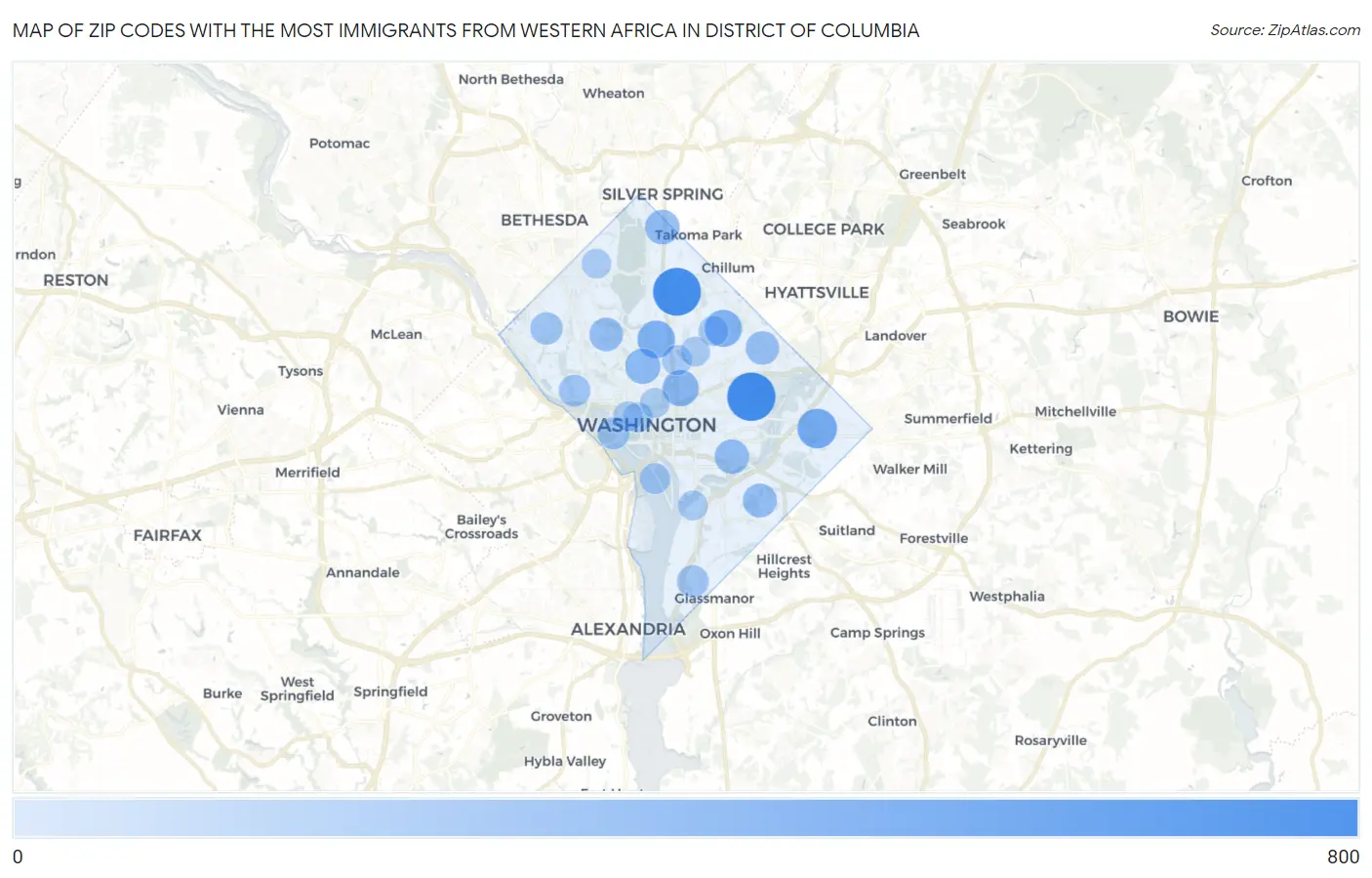 Zip Codes with the Most Immigrants from Western Africa in District Of Columbia Map