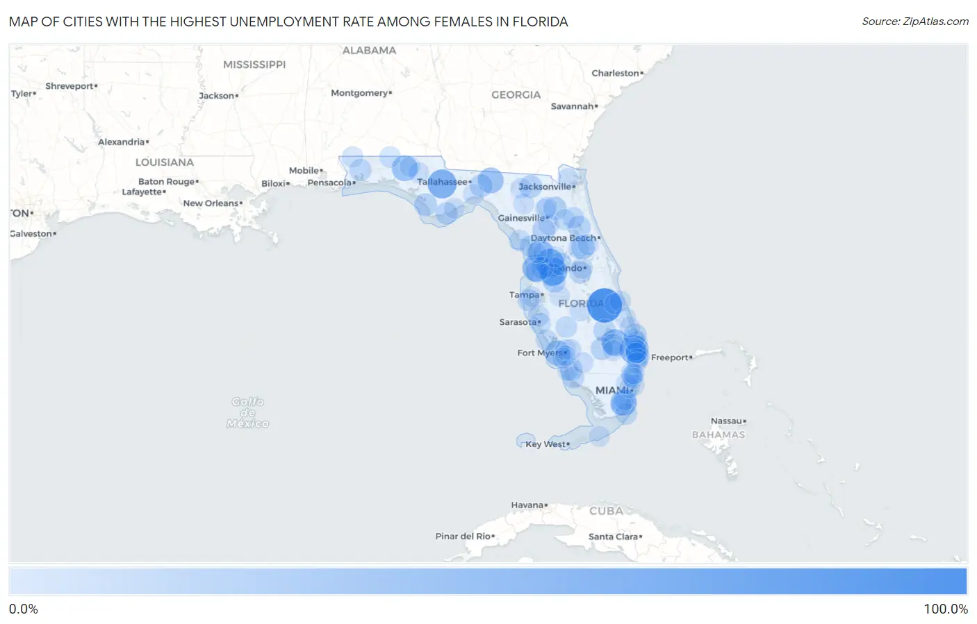 Cities with the Highest Unemployment Rate Among Females in Florida Map