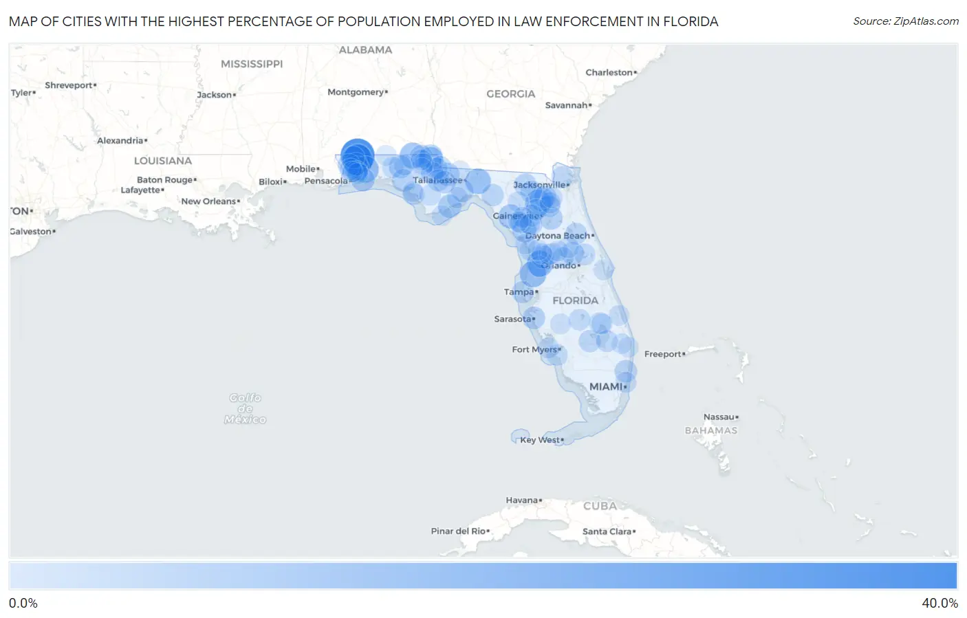 Cities with the Highest Percentage of Population Employed in Law Enforcement in Florida Map