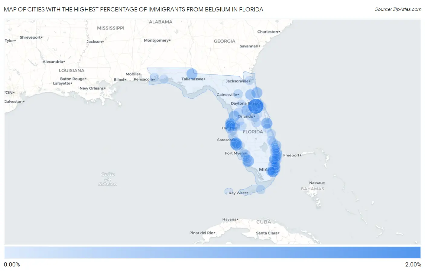 Cities with the Highest Percentage of Immigrants from Belgium in Florida Map