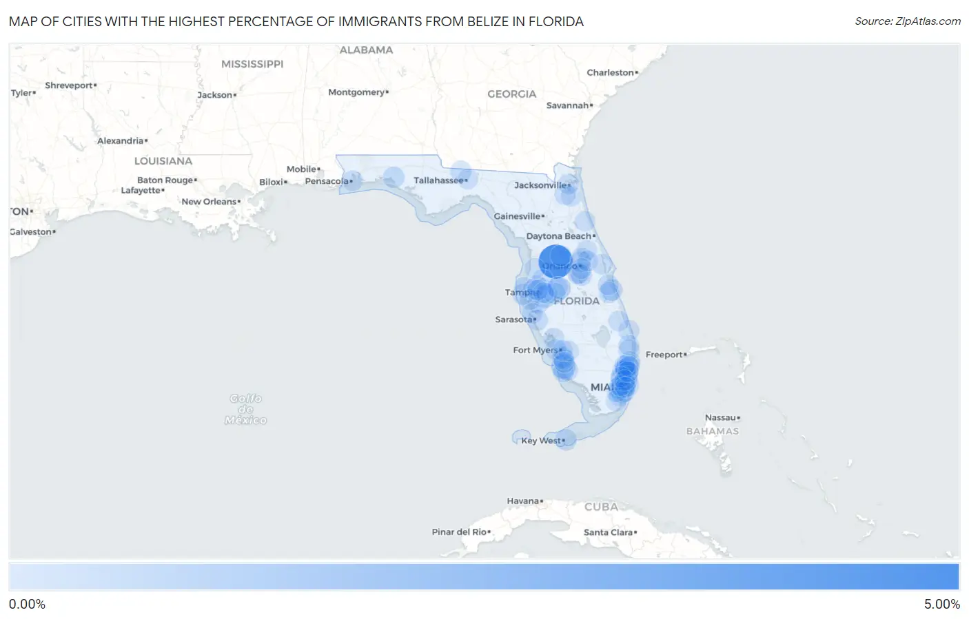 Cities with the Highest Percentage of Immigrants from Belize in Florida Map