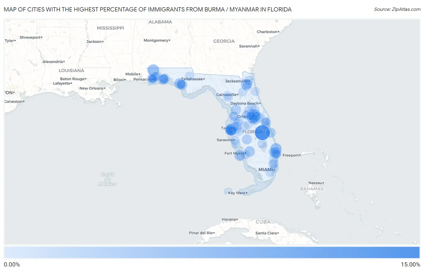 Cities with the Highest Percentage of Immigrants from Burma / Myanmar in Florida Map