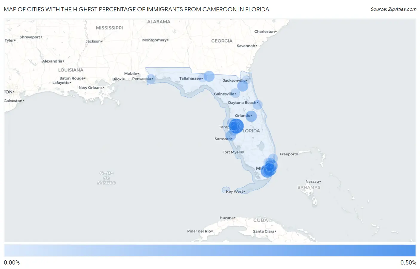 Cities with the Highest Percentage of Immigrants from Cameroon in Florida Map