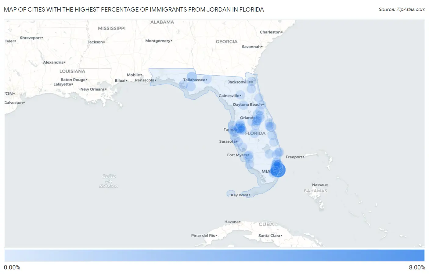 Cities with the Highest Percentage of Immigrants from Jordan in Florida Map