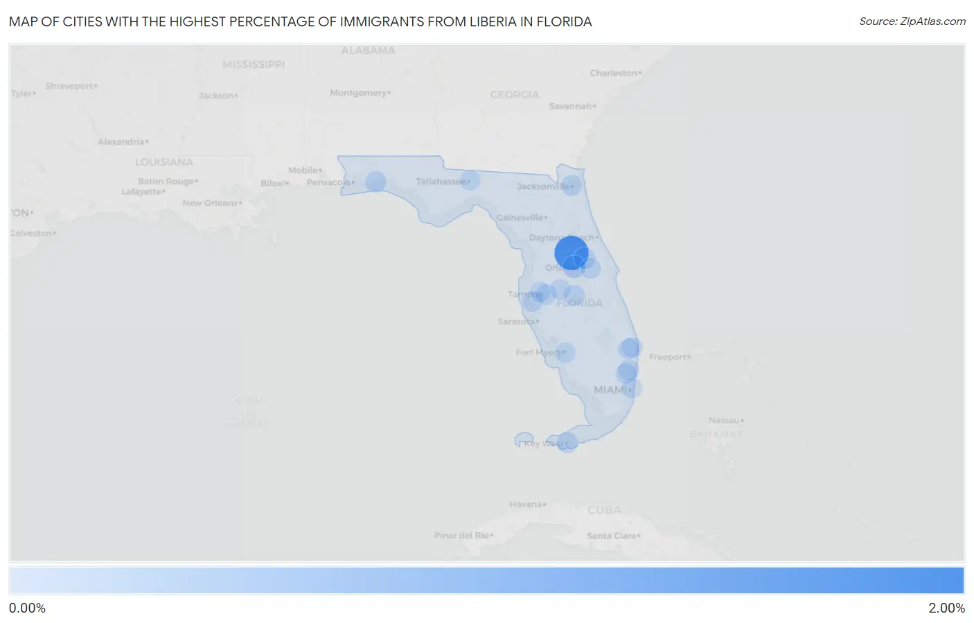 Cities with the Highest Percentage of Immigrants from Liberia in Florida Map