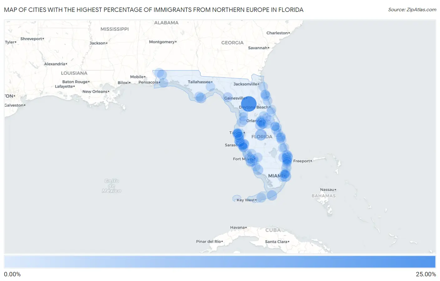 Cities with the Highest Percentage of Immigrants from Northern Europe in Florida Map