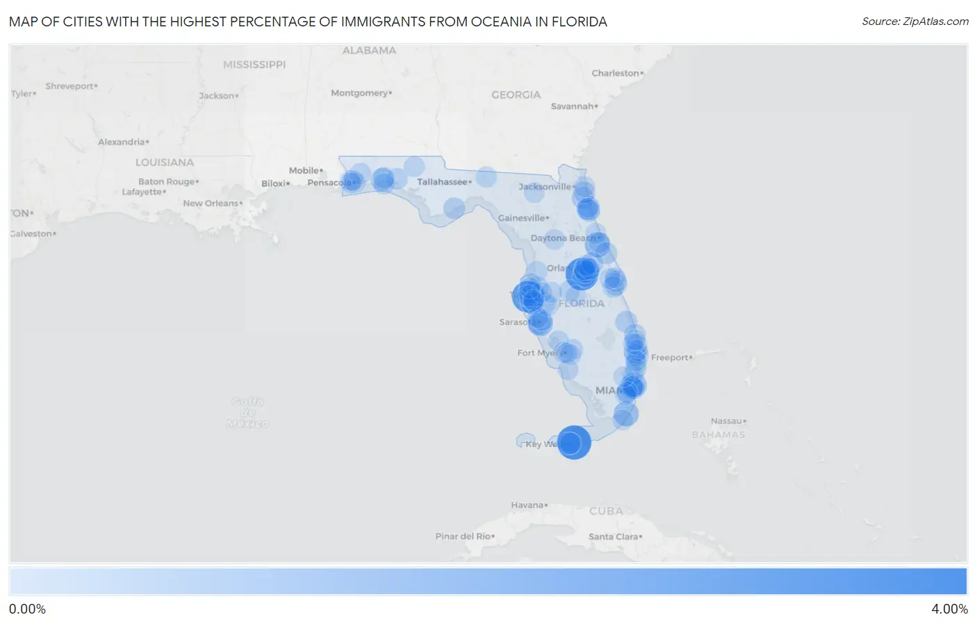 Cities with the Highest Percentage of Immigrants from Oceania in Florida Map