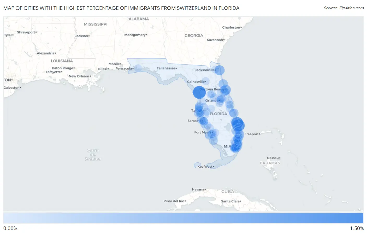 Cities with the Highest Percentage of Immigrants from Switzerland in Florida Map