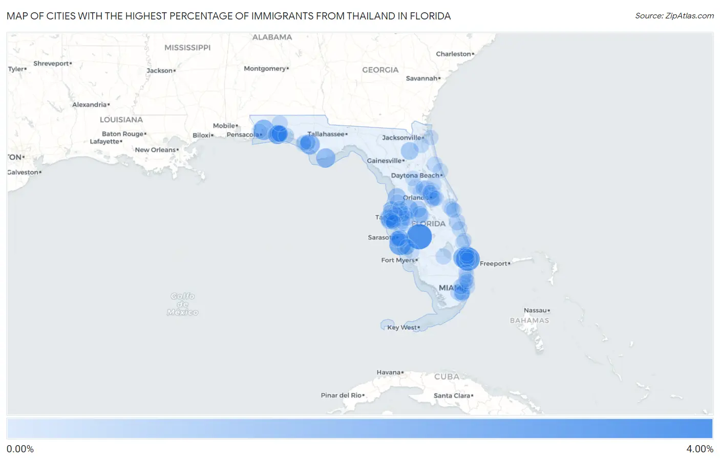 Cities with the Highest Percentage of Immigrants from Thailand in Florida Map
