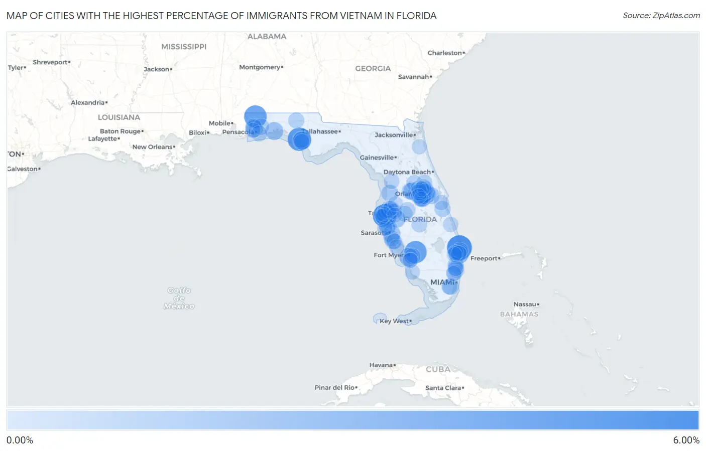 Cities with the Highest Percentage of Immigrants from Vietnam in Florida Map