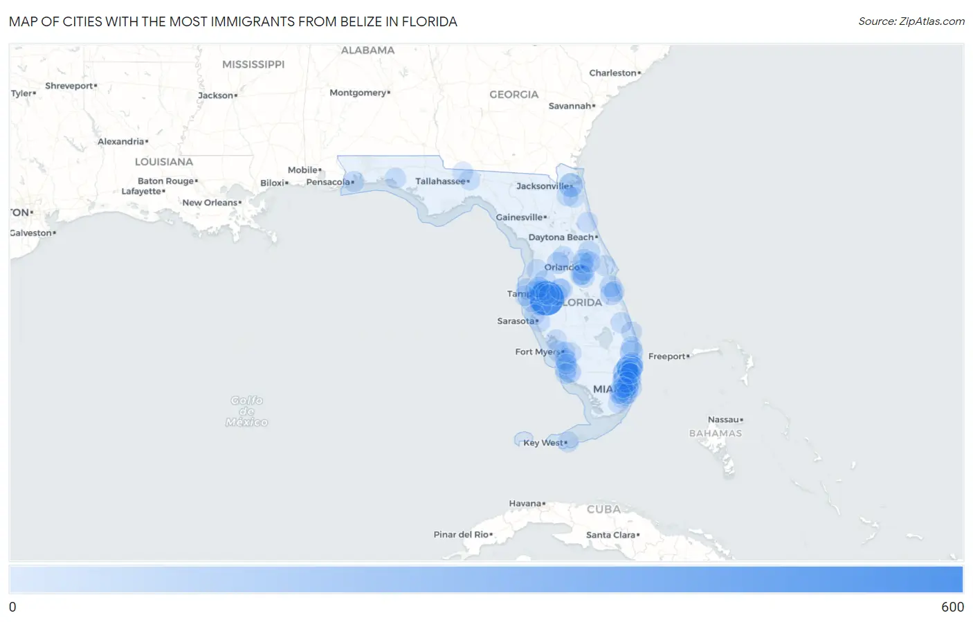 Cities with the Most Immigrants from Belize in Florida Map