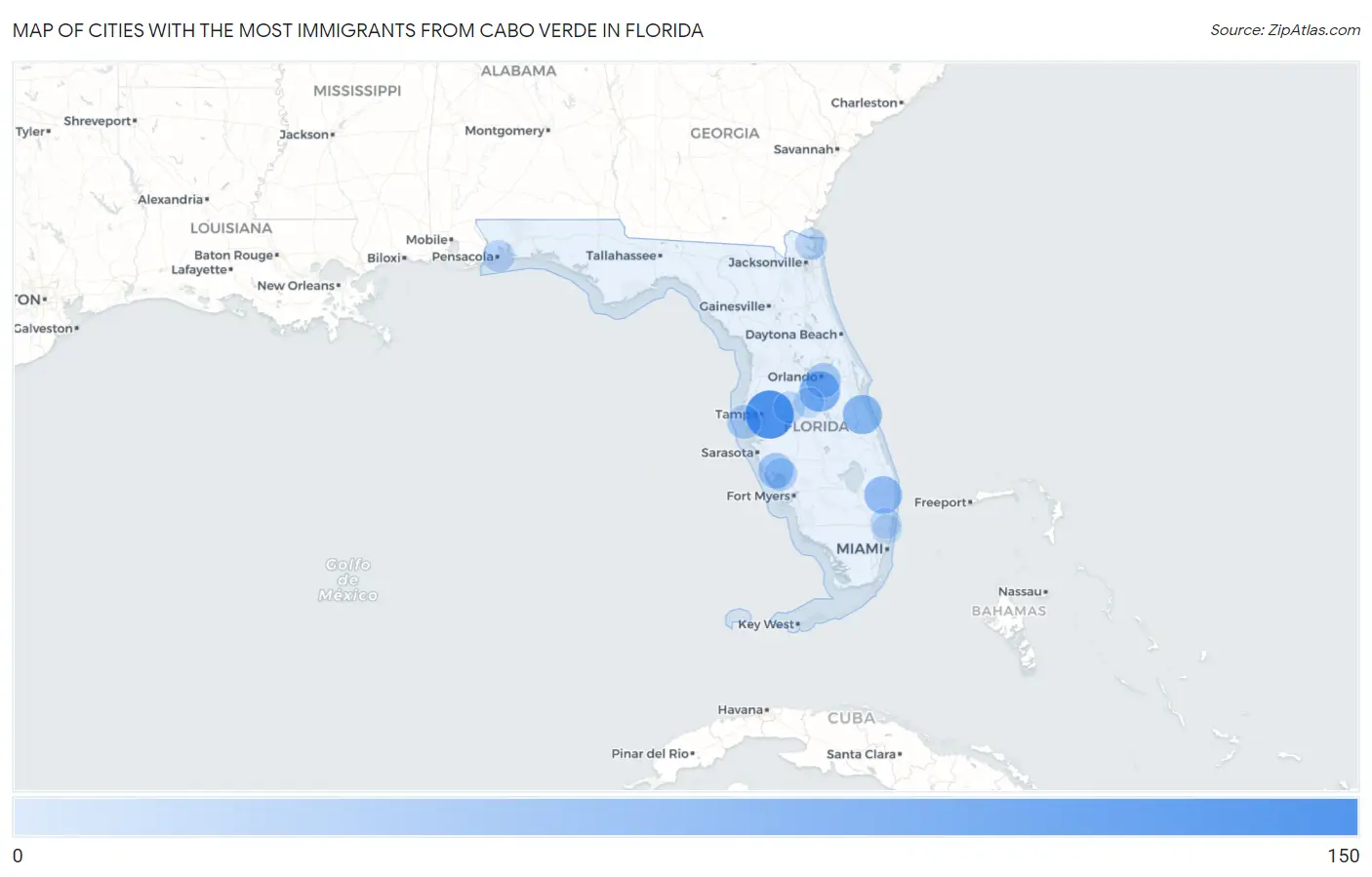 Cities with the Most Immigrants from Cabo Verde in Florida Map