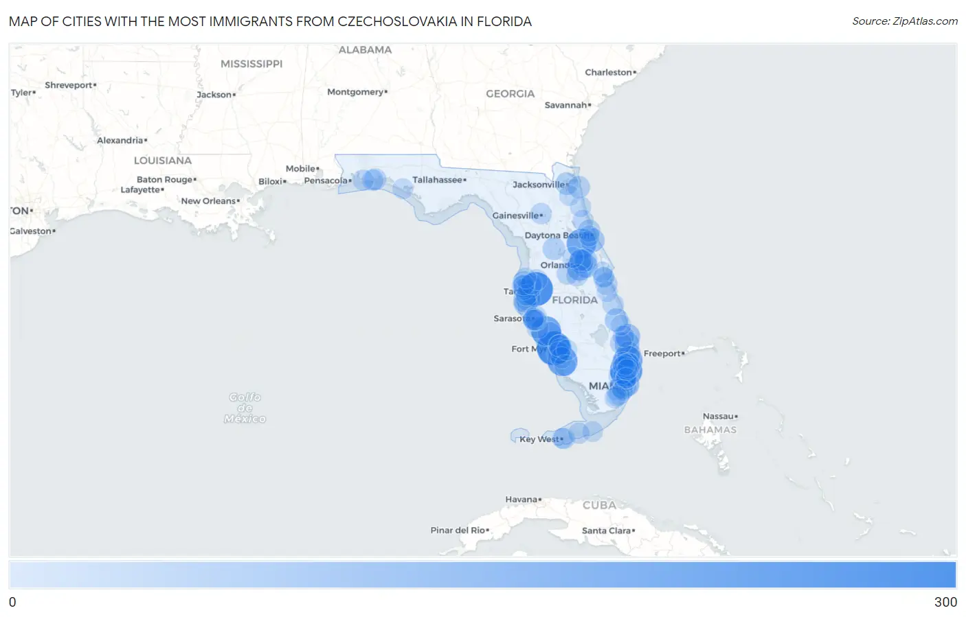 Cities with the Most Immigrants from Czechoslovakia in Florida Map