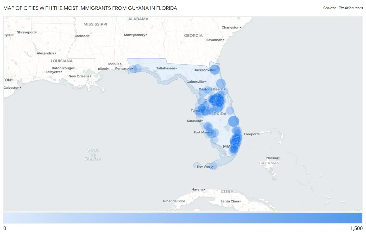 Cities with the Most Immigrants from Guyana in Florida Map