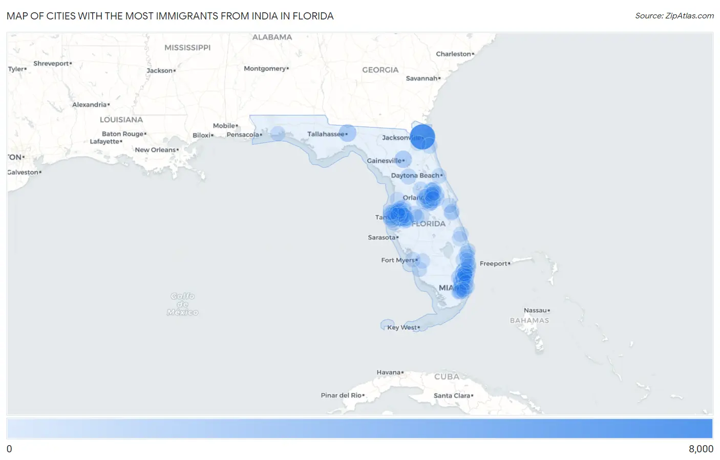 Cities with the Most Immigrants from India in Florida Map