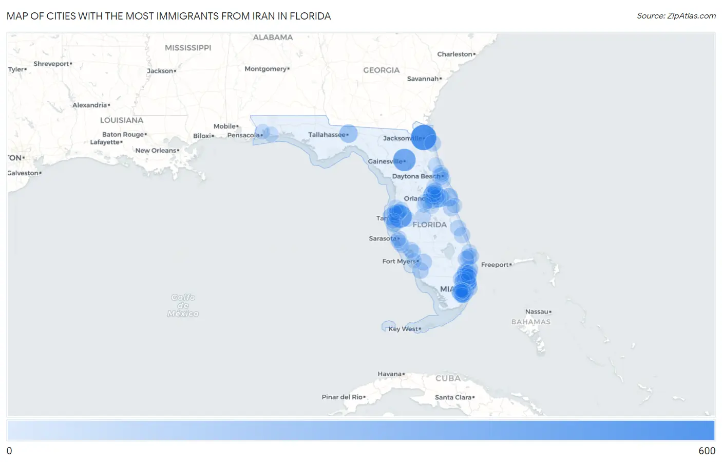 Cities with the Most Immigrants from Iran in Florida Map