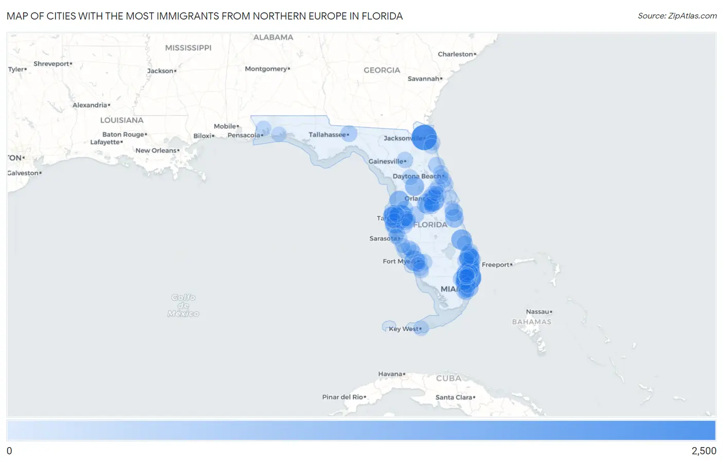 Cities with the Most Immigrants from Northern Europe in Florida Map