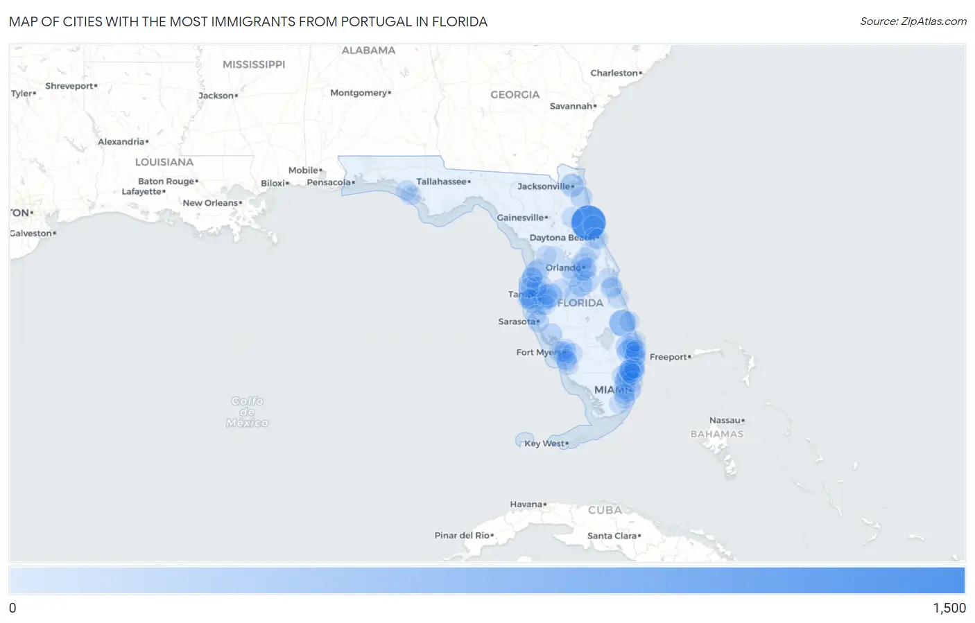 Cities with the Most Immigrants from Portugal in Florida Map
