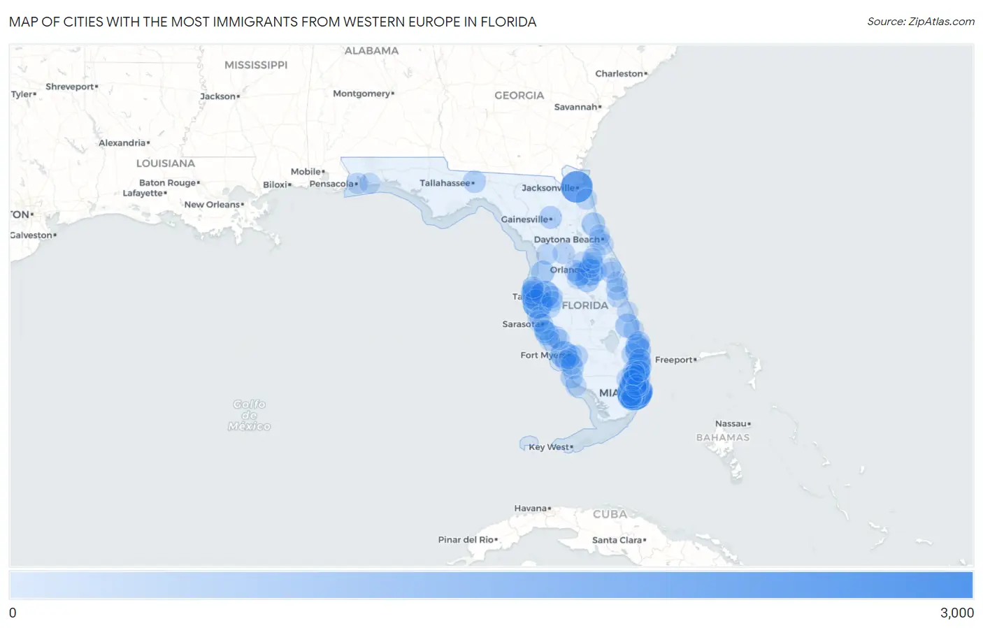 Cities with the Most Immigrants from Western Europe in Florida Map