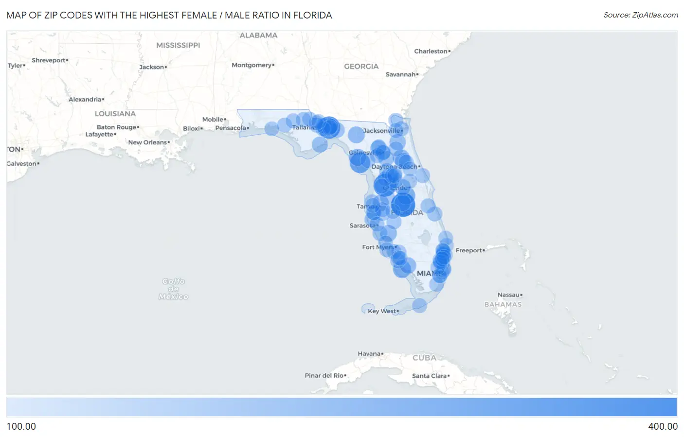 Zip Codes with the Highest Female / Male Ratio in Florida Map